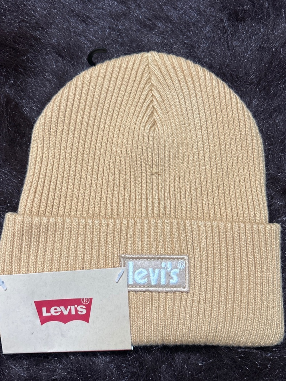 vi’s Ribbed Knit Beanie Hat Tan/Yellow One Size Adult NWT Logo Patch Winter
